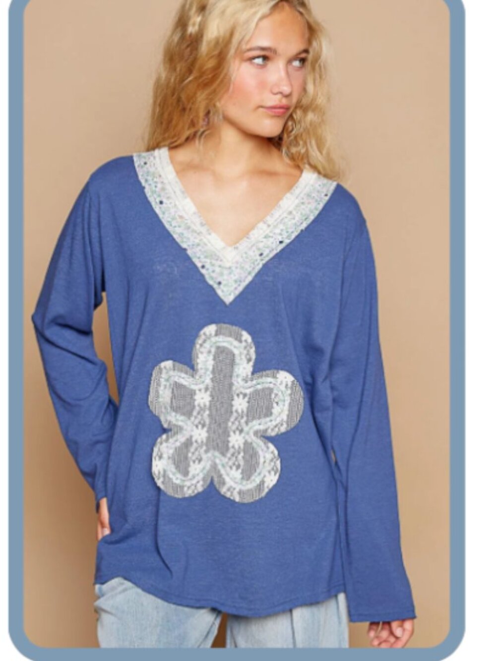 POL Long Sleeve V-Neck Tee Top – French Blue – Boho Casual